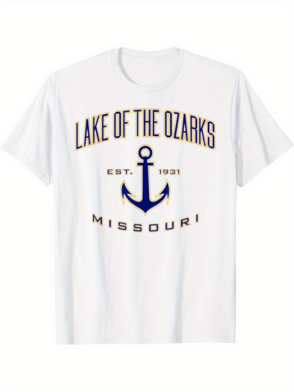 Men's Graphic T-Shirt Lake Of The Ozarks Blue Anchor With Historic Lettering White T Shirt