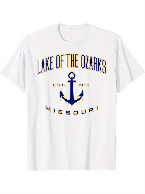 Men's Graphic T-Shirt Lake Of The Ozarks Blue Anchor With Historic Lettering White T Shirt