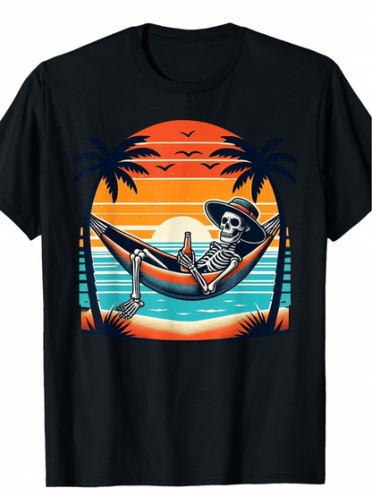 Men's Graphic T-Shirt Sunset Beach With Palm Trees And Relaxing Skeleton In Hammock