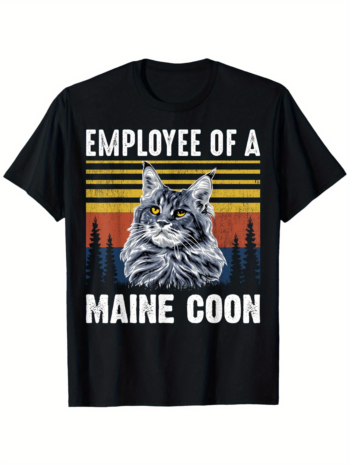 Men's Graphic T-Shirt Employee Of A Maine Coon Surrounded By Pine Forest And Retro Stripes Cat