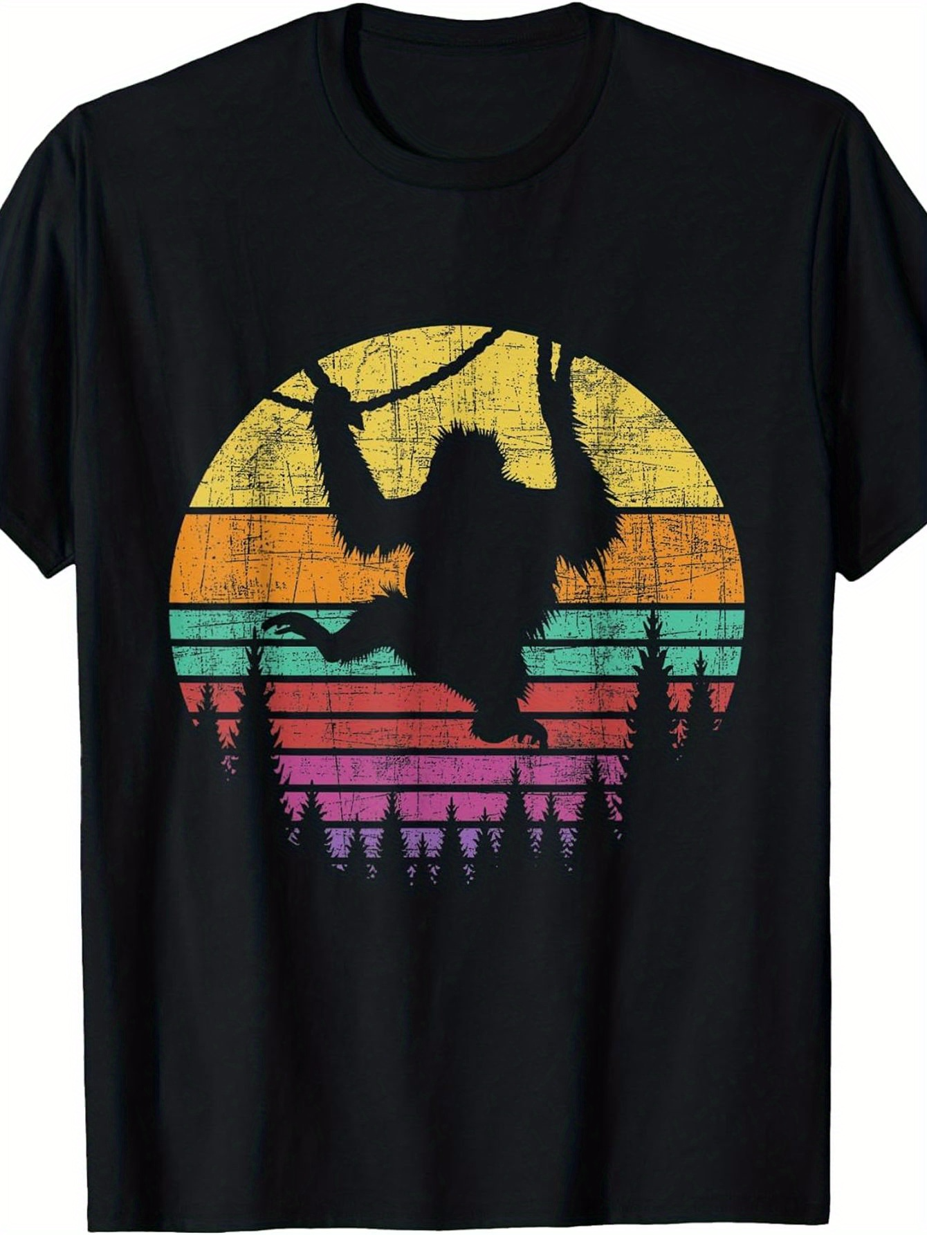 Men's Graphic T-Shirt Vintage Sunset With Forest And Swinging Silhouette Ape