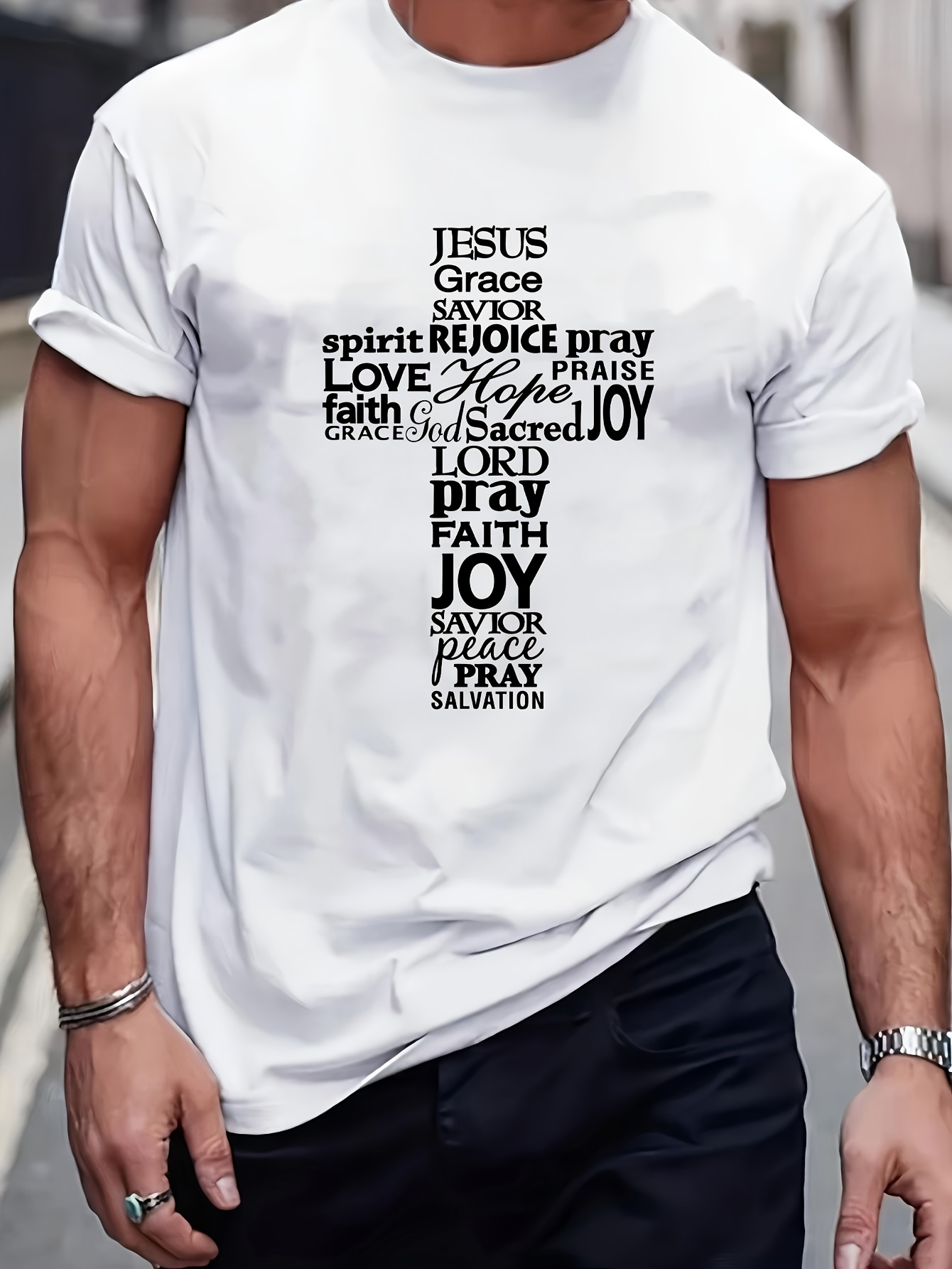 Men's Graphic T-Shirt Faith Hope Joy With Salvation Prayers And Grace Cross