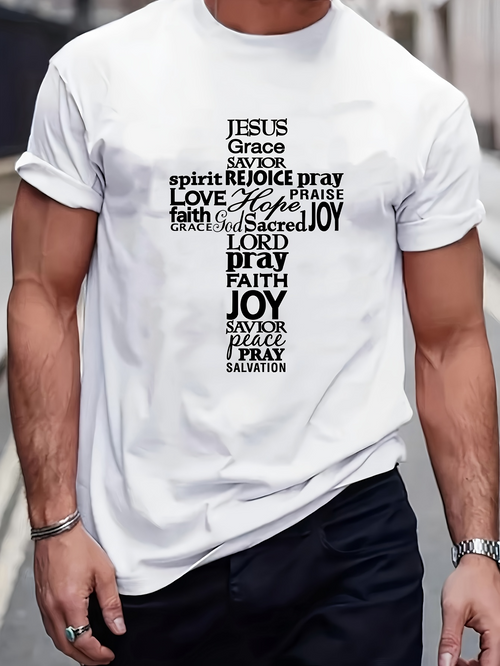Men's Graphic T-Shirt Faith Hope Joy With Salvation Prayers And Grace Cross