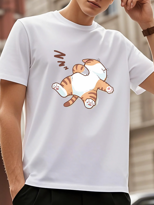 Men's Graphic T-Shirt Sleeping Brown Striped Cat With Cartoon Motion Symbol