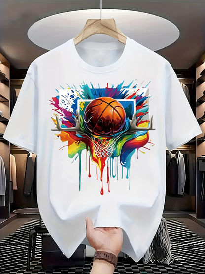Men's Graphic T-Shirt Colorful Paint Splash Surrounding A Bright Basketball Net With Orange Ball
