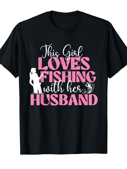 Men's Graphic T-Shirt This Girl Loves Fishing With Her Husband Silhouette And Fish Under Pink Lettering T Shirt