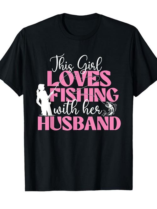 Men's Graphic T-Shirt This Girl Loves Fishing With Her Husband Silhouette And Fish Under Pink Lettering T Shirt