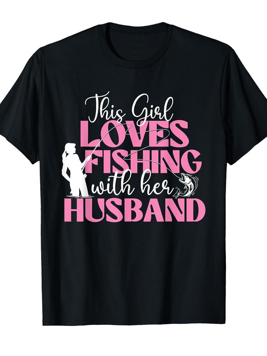 Men's Graphic T-Shirt This Girl Loves Fishing With Her Husband Silhouette And Fish Under Pink Lettering T Shirt