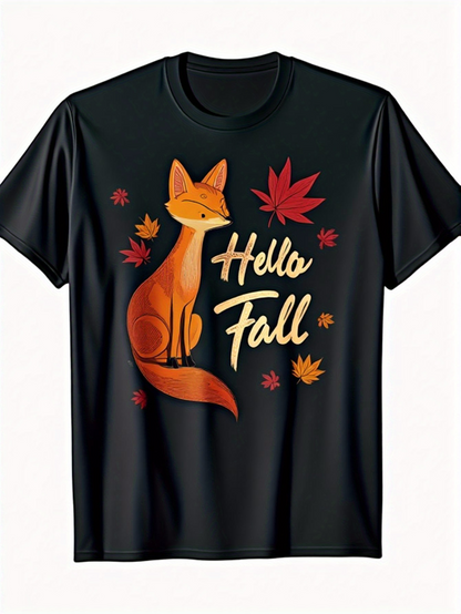 Men's Graphic T-Shirt Hello Fall Surrounded By Autumn Leaves And Sitting Fox