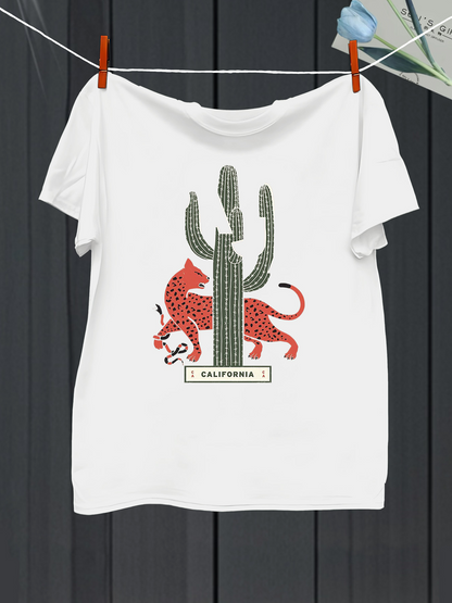 Men's Graphic T-Shirt California Spotted Cactus With Wildcat Among Desert Sunset