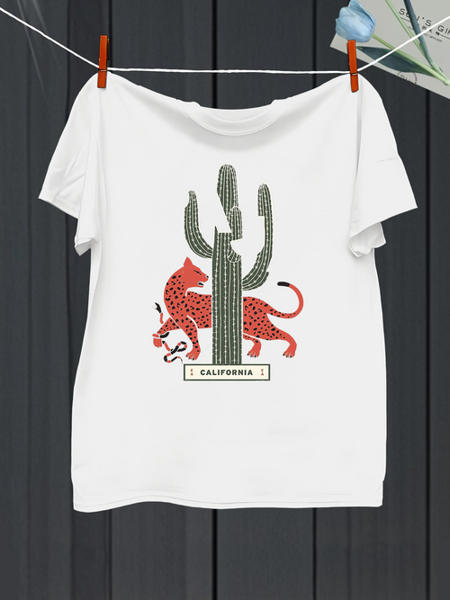 Men's Graphic T-Shirt California Spotted Cactus With Wildcat Among Desert Sunset