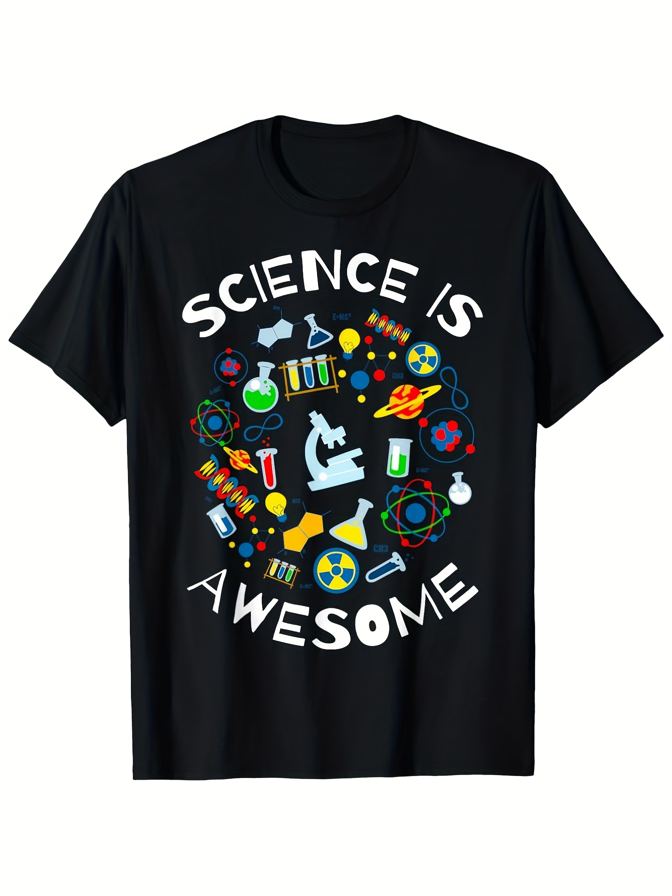 Men's Graphic T-Shirt Science Is Awesome With Colorful Lab Equipment Molecules Microscope Flasks Around Chemistry Theme