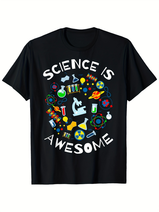 Men's Graphic T-Shirt Science Is Awesome With Colorful Lab Equipment Molecules Microscope Flasks Around Chemistry Theme