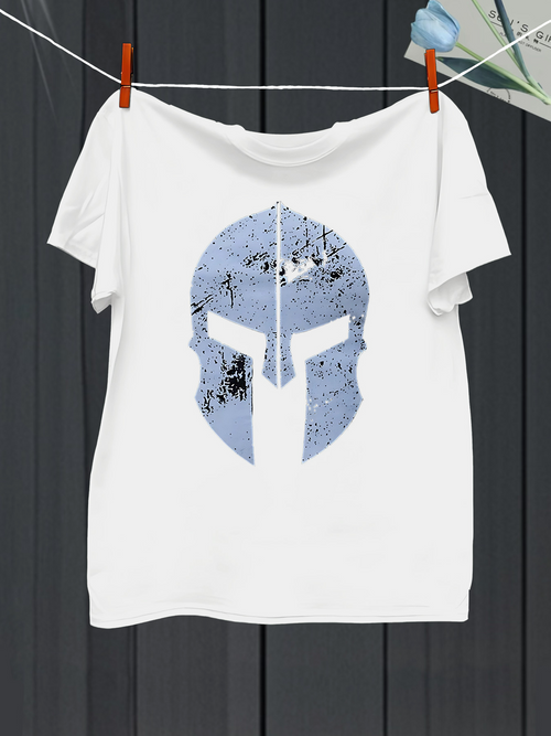 Men's Graphic T-Shirt Distressed Steel Blue Texture Ancient Spartan Warrior Helmet