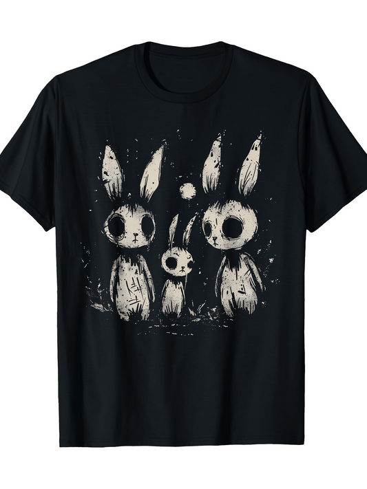 Men's Graphic T-Shirt Night Forest With Surreal Wide Eyed Rabbits Under Full Moon Bunny