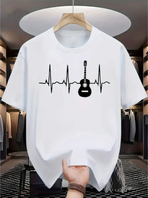 Men's Graphic T-Shirt Heartbeat Rhythm With Silhouette Guitar On White T Shirt