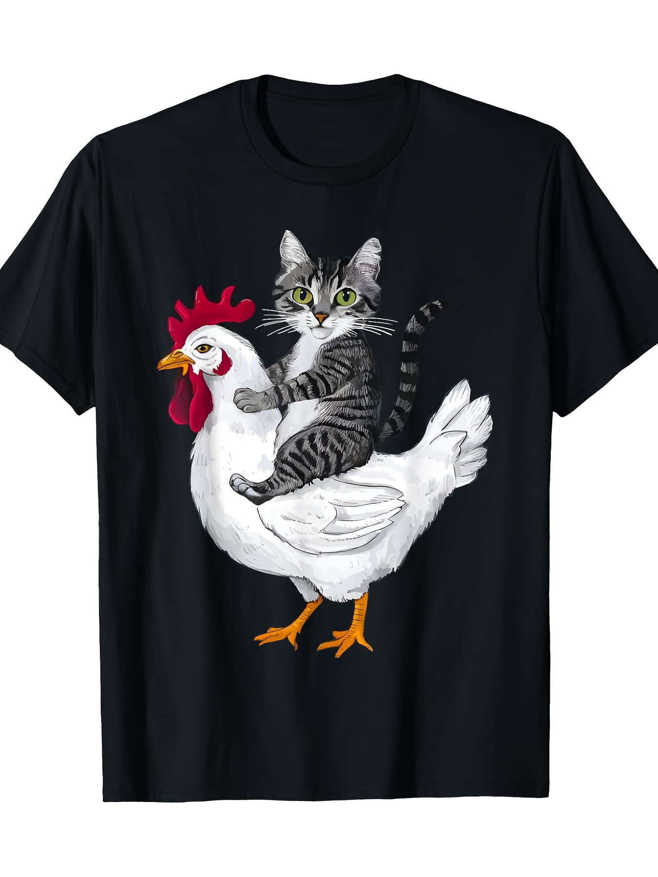 Men's Graphic T-Shirt Playful Tabby Cat Riding On White Chicken Graphic T Shirt