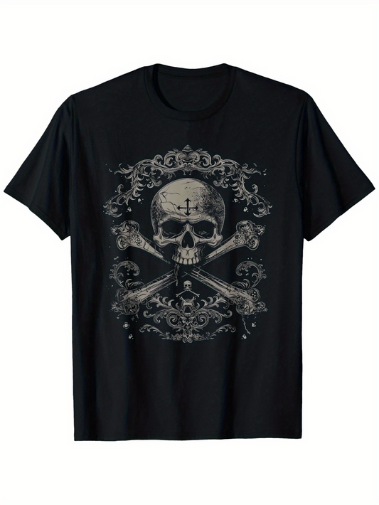 Men's Graphic T-Shirt Vintage Filigree With Skull Bones Under Dark Ornaments Skull