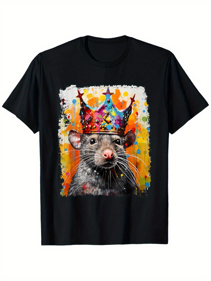 Men's Graphic T-Shirt Vibrant Painted Graffiti Splashes Crowned Colorful Rat Portrait