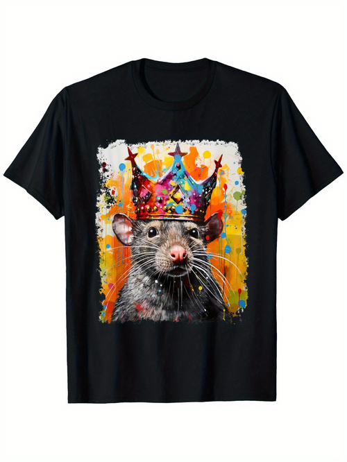 Men's Graphic T-Shirt Vibrant Painted Graffiti Splashes Crowned Colorful Rat Portrait