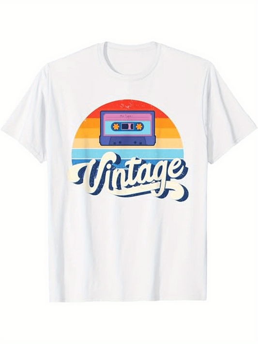 Men's Graphic T-Shirt Vintage Retro Cassette Tape With Colorful Rainbow Sunset Graphic
