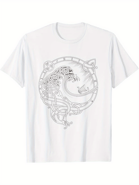 Men's Graphic T-Shirt Intricate Celtic Inspired Lines Forming Serpent Wrapped Around Circular Mystical Dragon