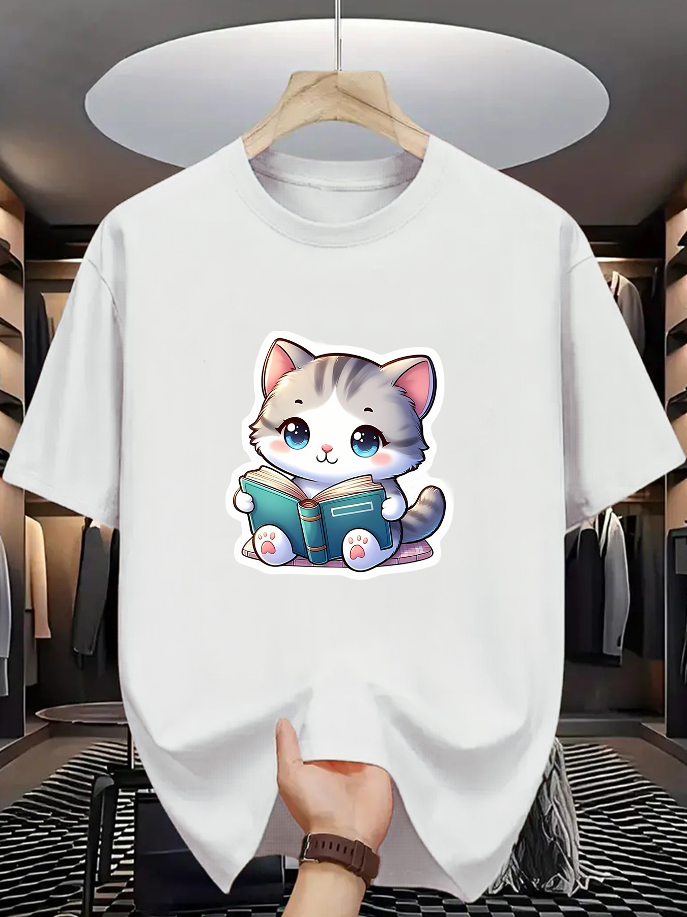 Men's Graphic T-Shirt Adorable Fluffy Gray Kitten Reading A Cute Book Cat