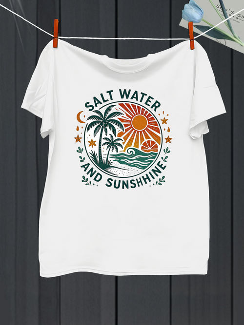 Men's Graphic T-Shirt Salt Water And Sunshine Retro Sunset Beach Scene With Palm Trees And Ocean Wave