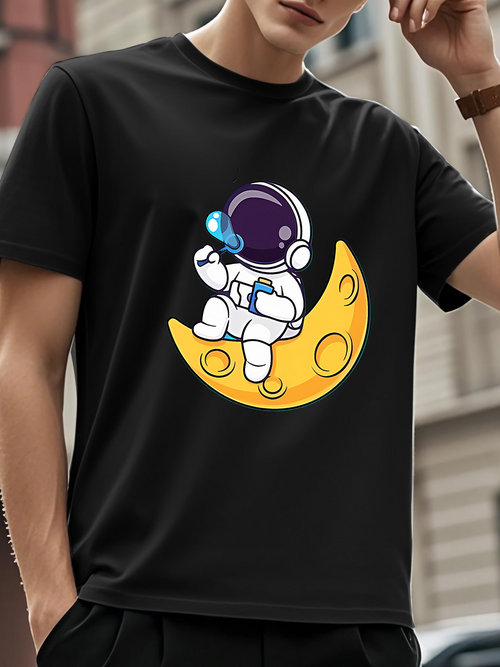 Men's Graphic T-Shirt Cute Astronaut With Blue Lights Sitting On Crescent Yellow Cheese Moon