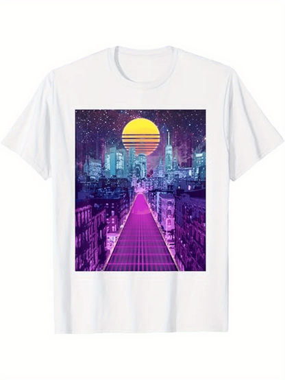 Men's Graphic T-Shirt Neon Pink Pathway Under A Vibrant Night City Skyline Sun