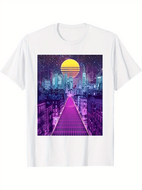 Men's Graphic T-Shirt Neon Pink Pathway Under A Vibrant Night City Skyline Sun