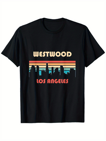 Men's Graphic T-Shirt Westwood Los Angeles Retro Sunset Stripes With Urban Skyline Buildings