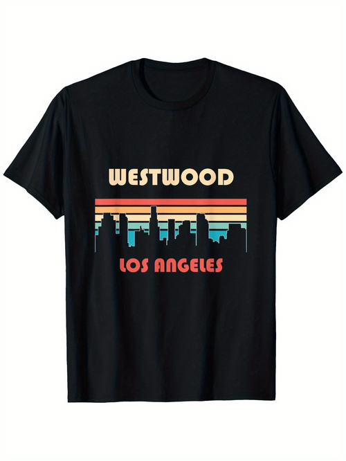 Men's Graphic T-Shirt Westwood Los Angeles Retro Sunset Stripes With Urban Skyline Buildings