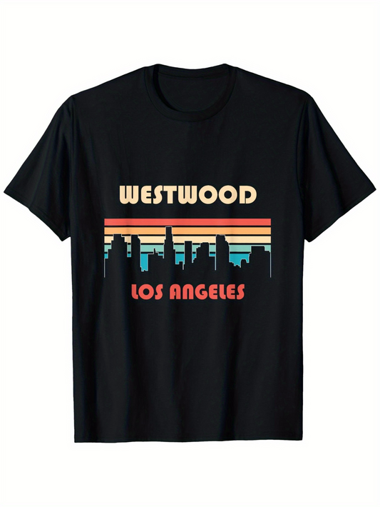 Men's Graphic T-Shirt Westwood Los Angeles Retro Sunset Stripes With Urban Skyline Buildings
