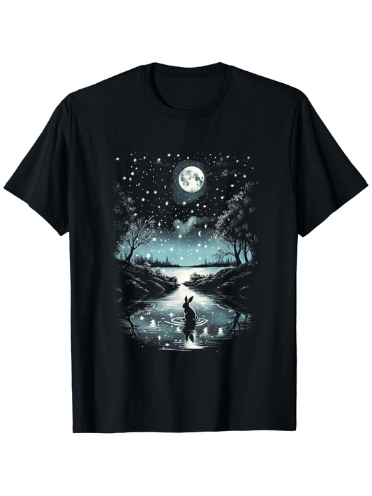 Men's Graphic T-Shirt Starry Night Lights And Reflections Over Calm River With Silhouetted Cat
