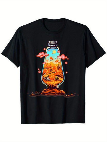 Men's Graphic T-Shirt Surreal Desert Landscape With Cacti Clouds And Starry Bottle