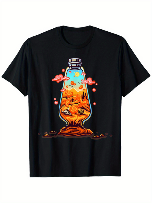 Men's Graphic T-Shirt Surreal Desert Landscape With Cacti Clouds And Starry Bottle