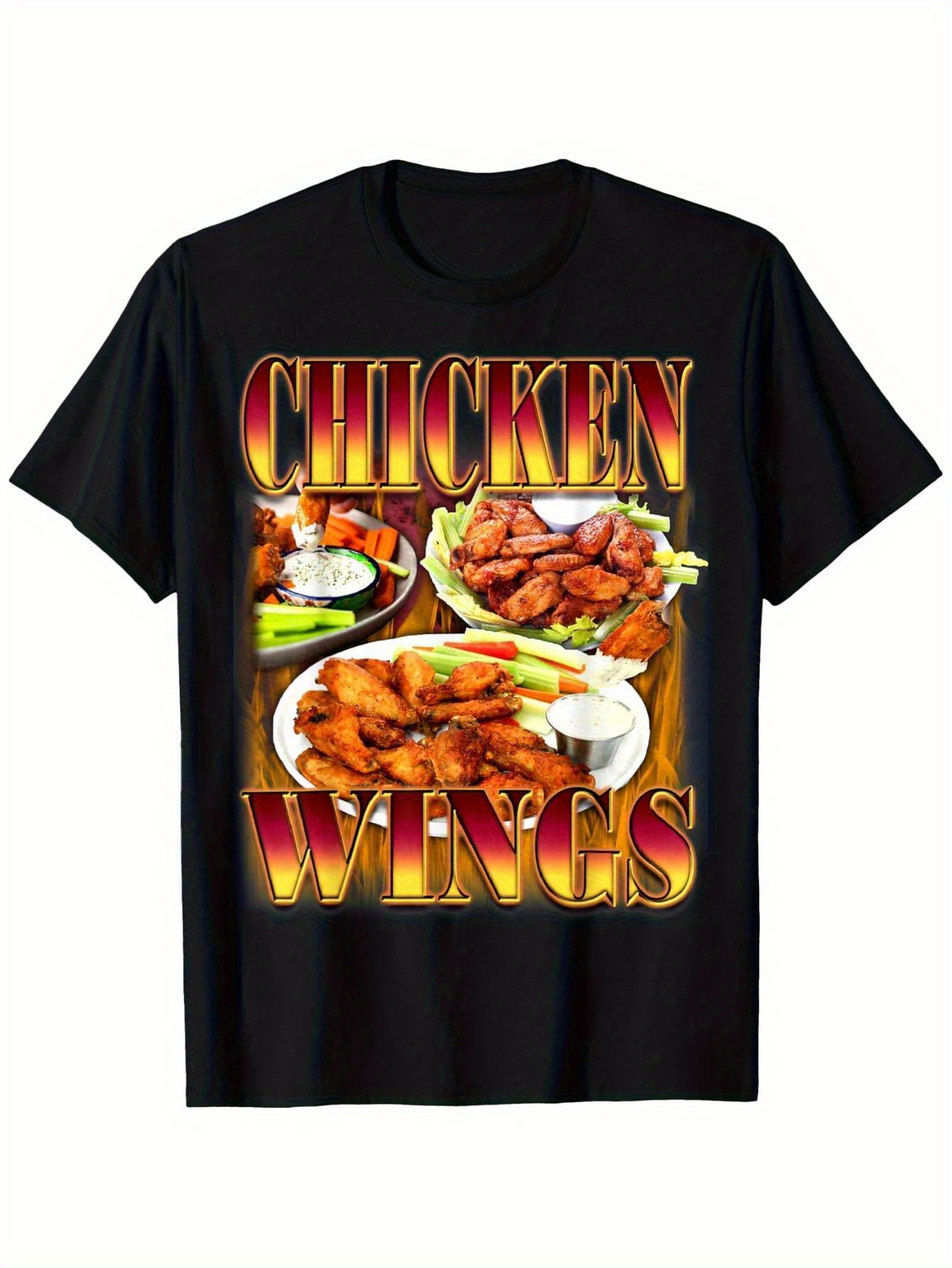 Men's Graphic T-Shirt Chicken Wings Golden Letters Over Fried Platter With Crisp Lettuce Plate Chicken