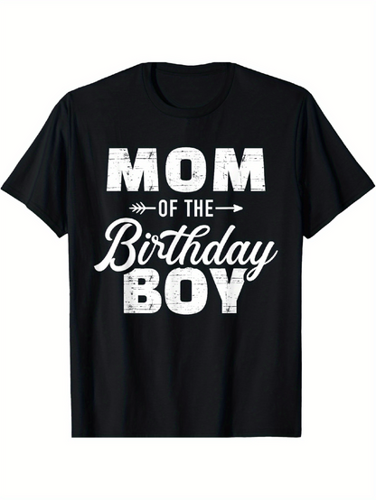 Men's Graphic T-Shirt Mom Of The Birthday Boy White Lettering On Black Cotton Shirt Celebrating Party Theme Tee