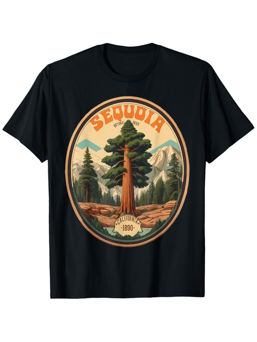 Men's Graphic T-Shirt Sequoia Vintage National Park Landscape With Majestic Trees And Mountains