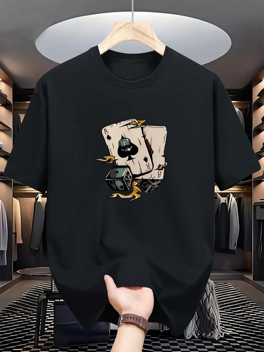 Men's Graphic T-Shirt Lucky Cards With Rolling Dice Golden Sparks Blackjack