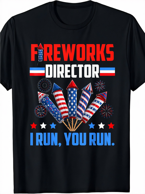 Men's Graphic T-Shirt Fireworks Director With Patriotic Rockets And Colorful Stars Design