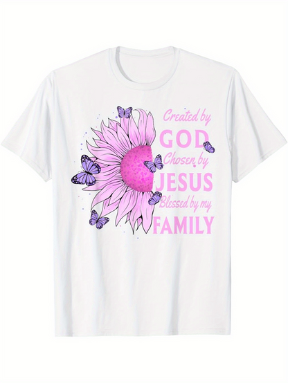 Men's Graphic T-Shirt Created By God Grown By Jesus Blessed By My Family Pink Purple Butterfly Flower