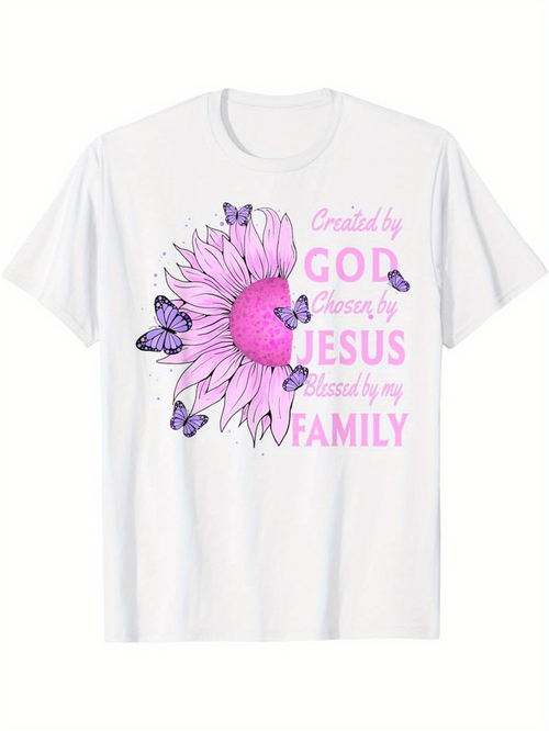 Men's Graphic T-Shirt Created By God Grown By Jesus Blessed By My Family Pink Purple Butterfly Flower