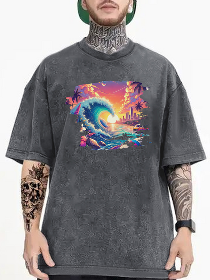 Men's Graphic T-Shirt Vivid Sunset With Palm Trees And Rolling Surf Beach Wave