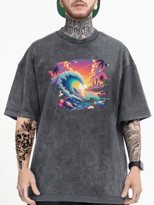 Men's Graphic T-Shirt Vivid Sunset With Palm Trees And Rolling Surf Beach Wave