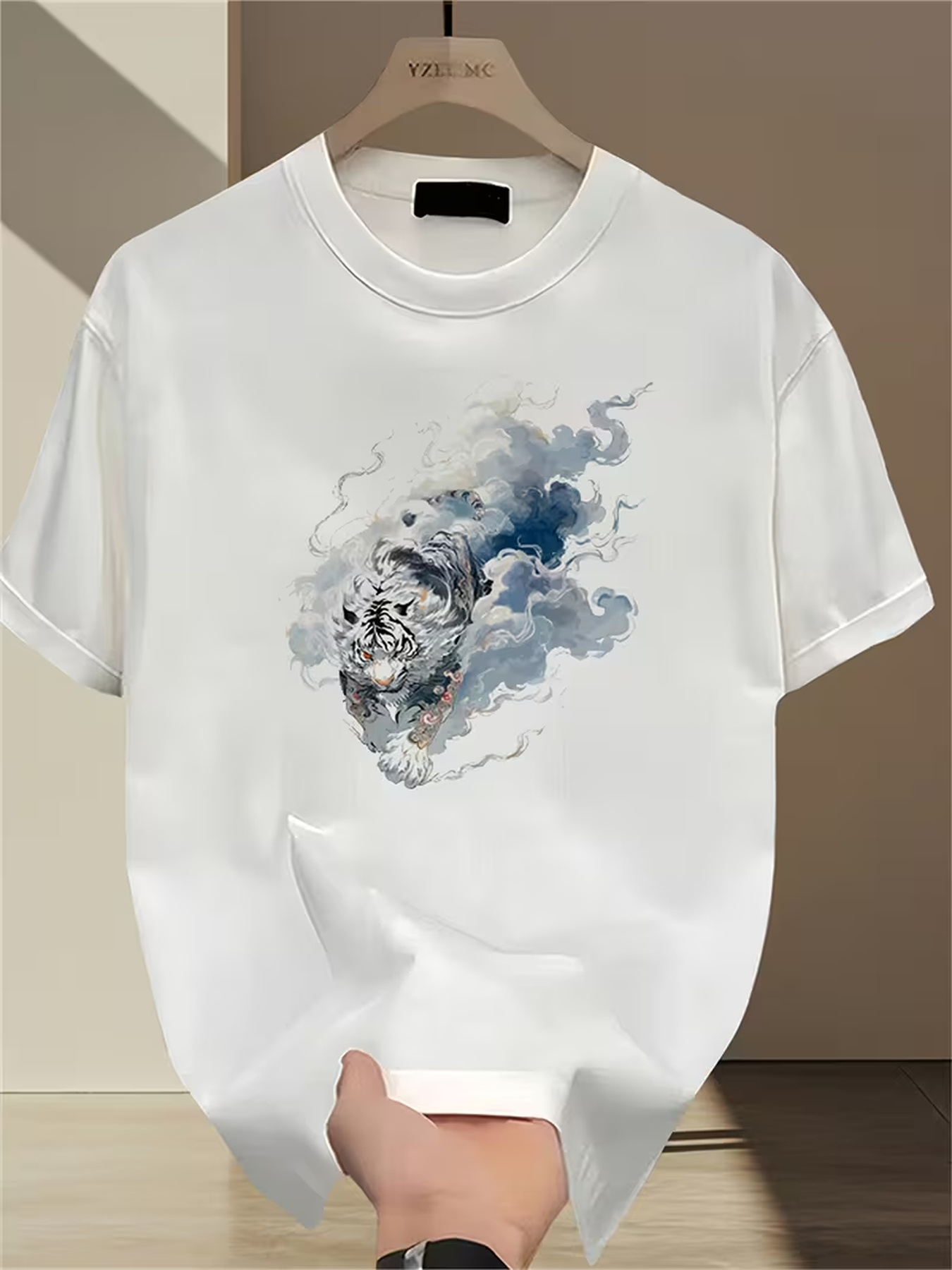 Men's Graphic T-Shirt Floating Blue Mist Surrounding A Majestic Tiger Head