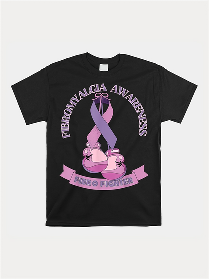 Men's Graphic T-Shirt Fibromyalgia Awareness Purple Ribbon With Pink Boxing Gloves And Banner Design