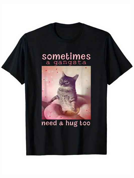 Men's Graphic T-Shirt Sometimes A Gangsta Need A Hug Too Sitting Cat With Pink Soft Cushions And Gentle Light