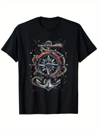 Men's Graphic T-Shirt Intricate Nautical Elements With Rope And Star Compass Anchor